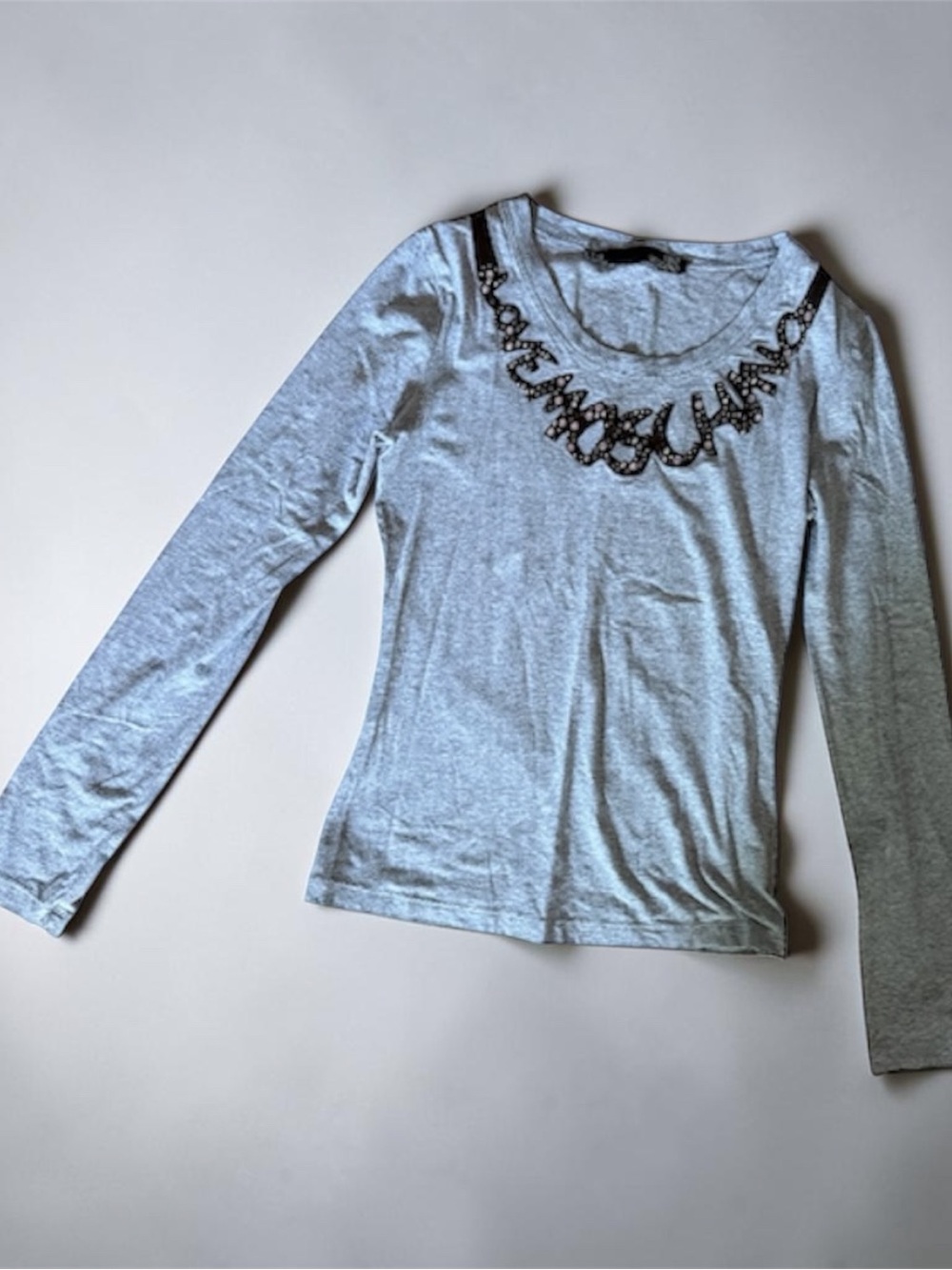 Love Moschino Light Gray Long-Sleeve Top with Beaded Neckline